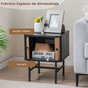 Conjunto de 2 mesas de cabeceira, mesas apoio com portas de correr 40 x 39 x 49 cm, preto e castanho