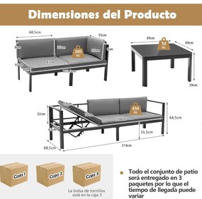 Conjunto de Sofá de jardim em Alumínio com Costas Reclináveis Mesa Reclinável Almofadas de Assento em Vidro Temperado Cinzento