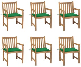 vidaXL Cadeiras de jardim c/ almofadões verdes 6 pcs teca maciça