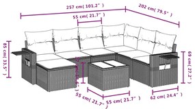 8 pcs conjunto sofás de jardim c/ almofadões vime PE cinzento