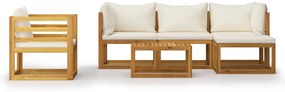6 pcs conjunto lounge jardim c/ almofadões acácia maciça creme