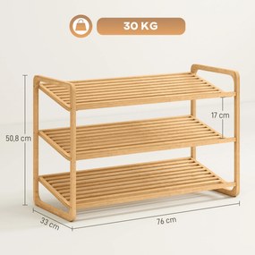 Sapateira de 3 Níveis Estante para Sapatos em Bambu para 12 Pares de Sapatos 76x33x50,8 cm Madeira