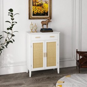 Sapateira com 2 portas com efeito de vime e gaveta, 80 x 35 x 110 cm, branco