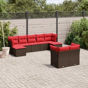 vidaXL 9 pcs conjunto sofás p/ jardim c/ almofadões vime PE castanho