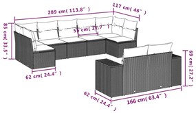 9 pcs conj. sofás jardim com almofadões vime PE cinzento-claro