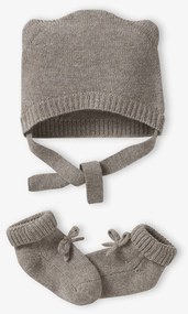 Conjunto gorro e sapatinhos em lã e caxemira, para recém-nascido bege mesclado