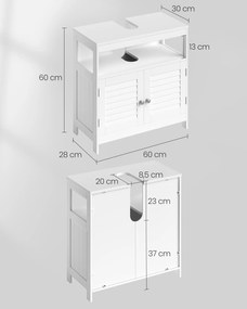 Armário de lavatório com portas de persiana (Lavatório não incluído) 60 x 60 x 30 cm branco