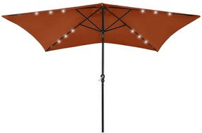 Guarda-sol de jardim c/ luzes LED e poste de aço 2x3m terracota