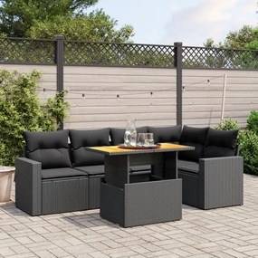 6 pcs conjunto sofás de jardim c/ almofadões vime PE preto