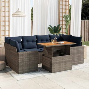 7 pcs conjunto sofás p/ jardim c/ almofadões vime PE cinzento