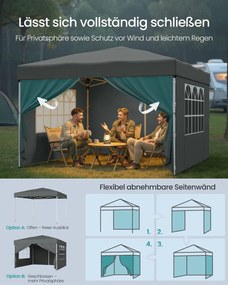 Tenda dobrável de 3 x 3 m para jardim e festas, com 4 paredes laterais, cinzento escuro