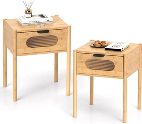Conjunto de 2 mesas de cabeceira 40 x 40 x 50,5 cm em bambu, estilo rústico, com gaveta e vidro temperado. Mesa auxiliar para quarto, em tom natural