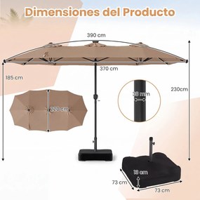 Guarda-sol Duplo Retangular de Exterior com base, 370 x 200 cm, 108 Luzes LED, Castanho