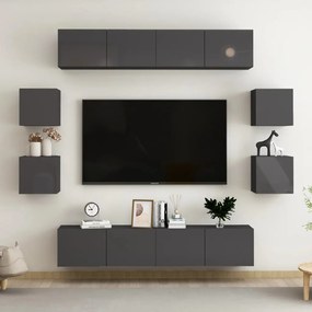8 pcs conjunto de móveis de TV contraplacado cinzento brilhante