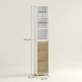 Armário de casa de banho, móvel de arrumação para casa de banho com porta de ripas de bambu e compartimentos abertos 35 x 26 x 173 cm branco