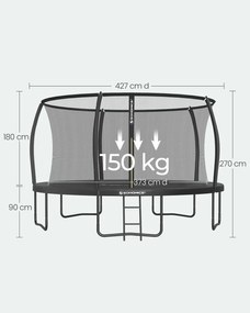 Trampolim de 427 cm de diâmetro com rede de segurança e varas curvas, preto