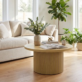 Mesa de centro redonda em madeira Ø 80 x 45 cm, mesa de sala com base canelada, estilo moderno, efeito de madeira natural