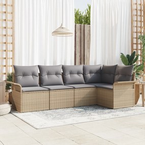 Conjunto de Sofá de Jardim de 5 Peças com Almofadas em Vime Bege, Sofá