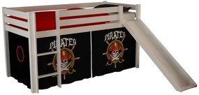 Conjunto Cama alta de Criança PINO 90 x 200 cm + estrado + escada + escorrega + cortina Piratas Branca