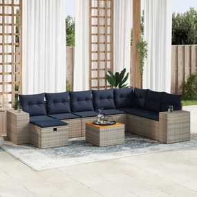 9 pcs conjunto sofás p/ jardim com almofadões vime PE cinzento