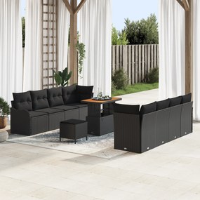 Conjunto de Sofá de Jardim vidaXL com Almofadas Preto Poliratan Acácia