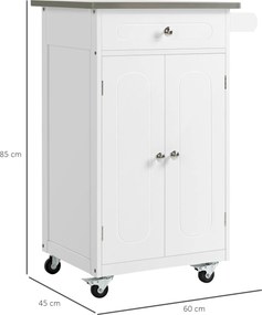 Carrinho de cozinha 60 L x 45 P x 85 A cm com rodas e vários compartimentos: 1 gaveta, armário de 2 portas com prateleira para panos de cozinha, em MD