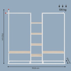 Guarda-roupa aberto com 6 prateleiras e 2 varões 33,8 x 163,6 x 175,3 cm bege-branco