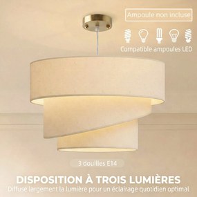 Candeeiro Suspenso com 3 Abajures, 50 x 50 x 37,5 cm, Altura Regulável, Bege