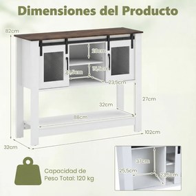 Aparador Armário de cozinha 102 x 32 x 82 cm com 2 compartimentos abertos, prateleira ajustável, portas de correr Branco+Castanho