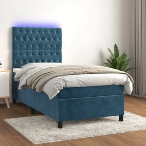 Cama box spring c/ colchão/LED 100x200 cm veludo azul-escuro