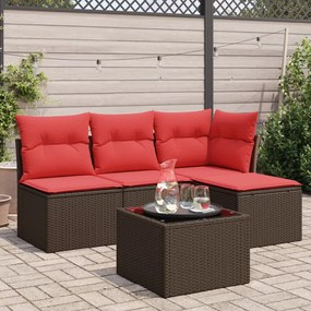 vidaXL 5 pcs conjunto sofás p/ jardim c/ almofadões vime PE castanho