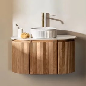 Conjunto De Móvel De Casa De Banho Suspenso 90x50 Cm Em Madeira Carsone Madeira Natural & Sem Unidade Auxiliar & Cerâmica Redonda - Sklum