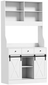 HOMCOM Armário de Cozinha com 2 Portas Corrediças 3 Gavetas Bancada para Micro-Ondas e Prateleiras Ajustáveis 93,5x40x180 cm Branco | Aosom Portugal