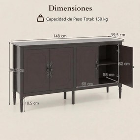Aparador de Sala, 148 x 39,5 x 80,5 cm, 4 Portas, Castanho