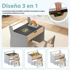 Conjunto de mesa e cadeira infantil de madeira 2 em 1 para crianças com tabuleiro removível, cinzento