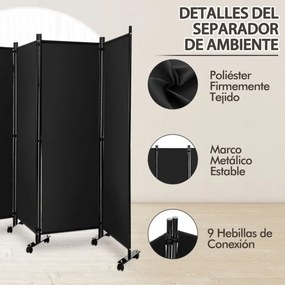 Biombo de 4 painéis com rodas Telas de privacidade Divisória para escritório em casa 225 x 30 x 173 cm Preto