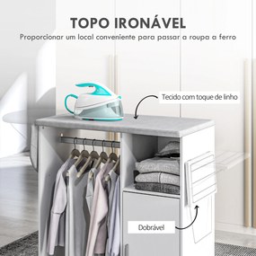 Móvel de Engomar de Madeira com Rodas Barra para Pendurar Roupa Prateleira Aberta e Tábua Dobrável 107x42,5x99 cm Branco