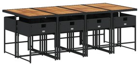 9 pcs conjunto de jantar p/ jardim c/ almofadões vime PE preto