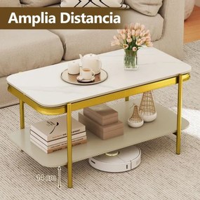 Mesa de centro 90 x 50 x 45,5 cm moderna retangular com 2 níveis, tampo sinterizado e prateleira, estrutura metálica, para sala, Branco + Dourado