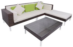 4 pcs conjunto lounge jardim c/ almofadões vime PE castanho