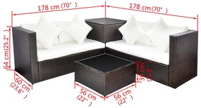 4 pcs conjunto lounge jardim c/ almofadões vime PE castanho