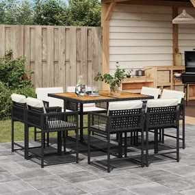 vidaXL 9 pcs conjunto de jantar p/ jardim c/ almofadões vime PE preto