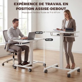 Secretária ajustável em altura para trabalhar sentado ou em pé 65 (L) x 60 (P) x 71-107 (A) cm, secretária móvel com tabuleiro para teclado, Rodas e e