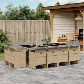 vidaXL 13 pcs conj. jantar jardim c/ almofadões vime PE bege misturado
