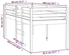 Cama alta 80x200 cm madeira de pinho maciça branco