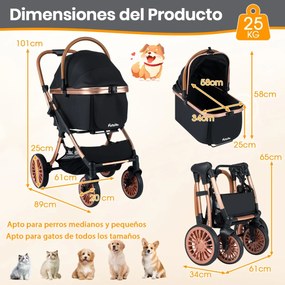 Carrinho para animais de estimação 3 em 1 dobrável com transportadora removível, sombra solar e almofada removível preta