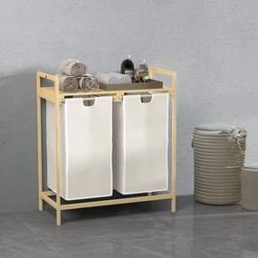 Cesto de roupa suja em bambu com 2 cestos removíveis e deslizantes em tecido não tecido 63,5 x 33 x 73 cm creme