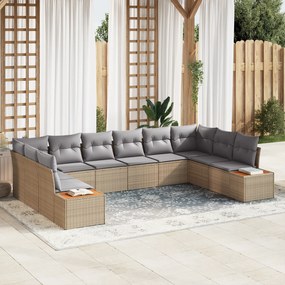 Conjunto de Sofá de Jardim de 10 Peças com Almofadas Bege de Rattan e Acácia