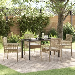 vidaXL Conjunto de Jantar de 5 Peças com Almofadas Bege de Rattan Poly