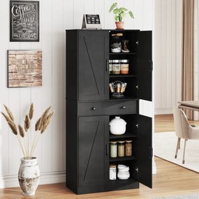 Armário Sala, despensa cozinha moderno 77 x 39 x 183 cm com 4 portas, gaveta e 3 prateleiras ajustáveis Preto